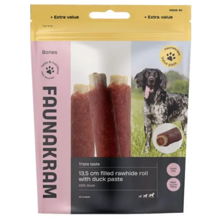 Faunakram Filled Rawhide Roll w. Duck Paste 300g | 4 stk